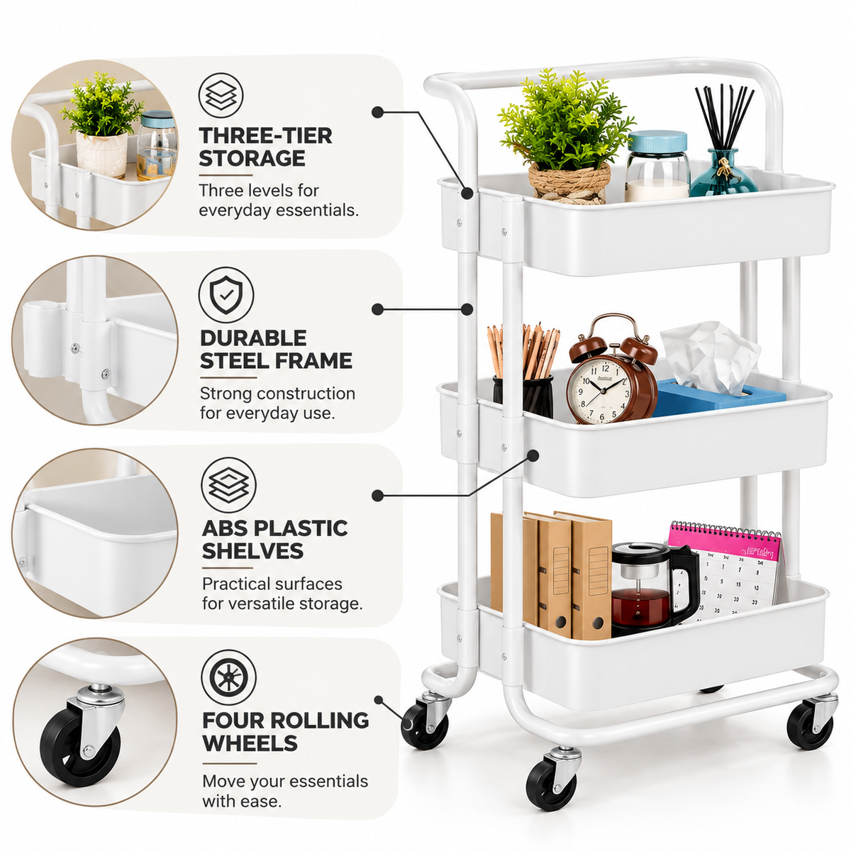 3- Tier White Multipurpose Rolling Storage Cart
