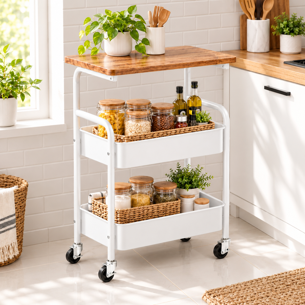 3 Tier Multipurpose Rolling Storage Cart with Wooden Top – White