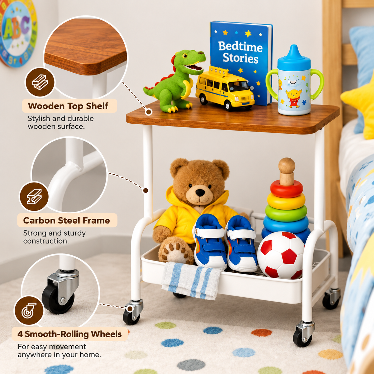 2 Tier Storage Trolley with Wooden Shelf & Wheels – White