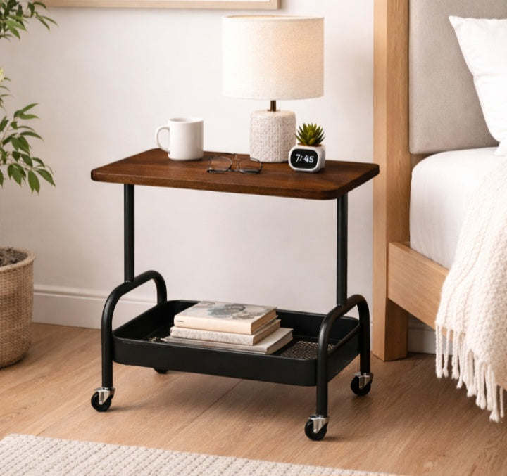 2 Tier Multipurpose Rolling Storage Cart with Wooden Top
