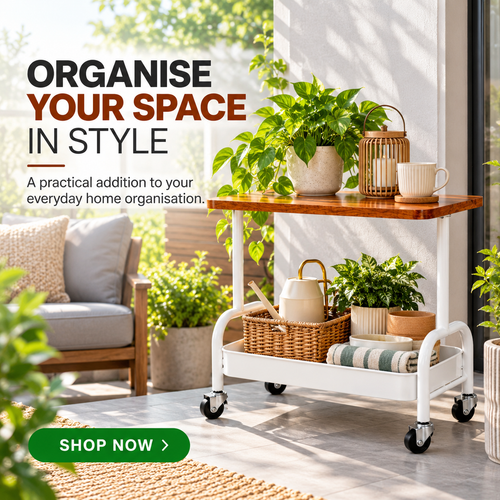 2 Tier Storage Trolley with Wooden Shelf & Wheels – White