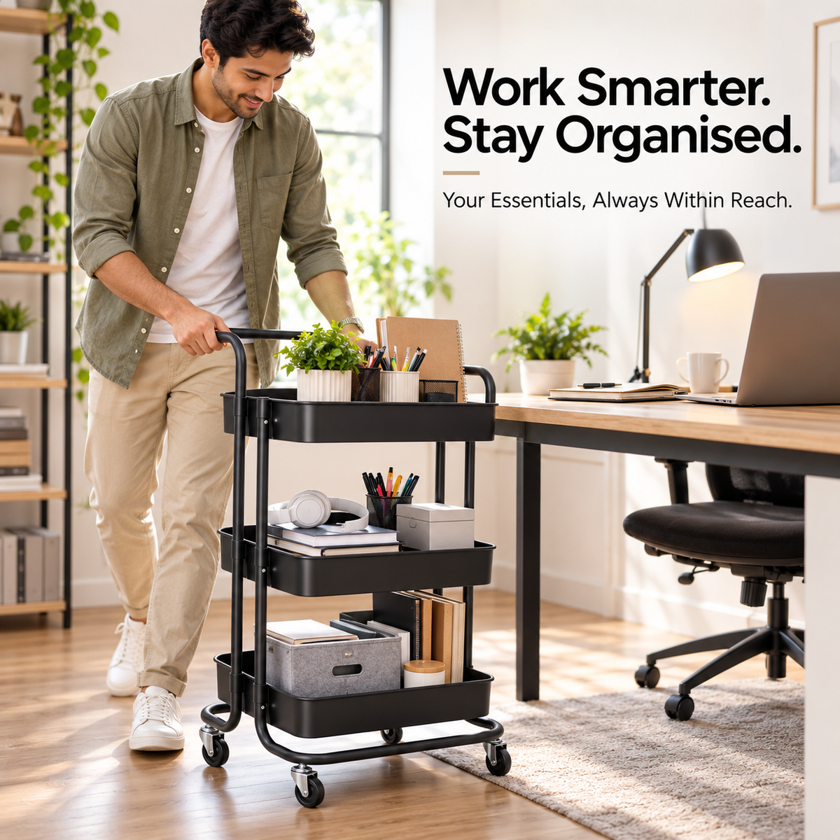 3-Tier Heavy-Duty Rolling Storage Trolley- Black