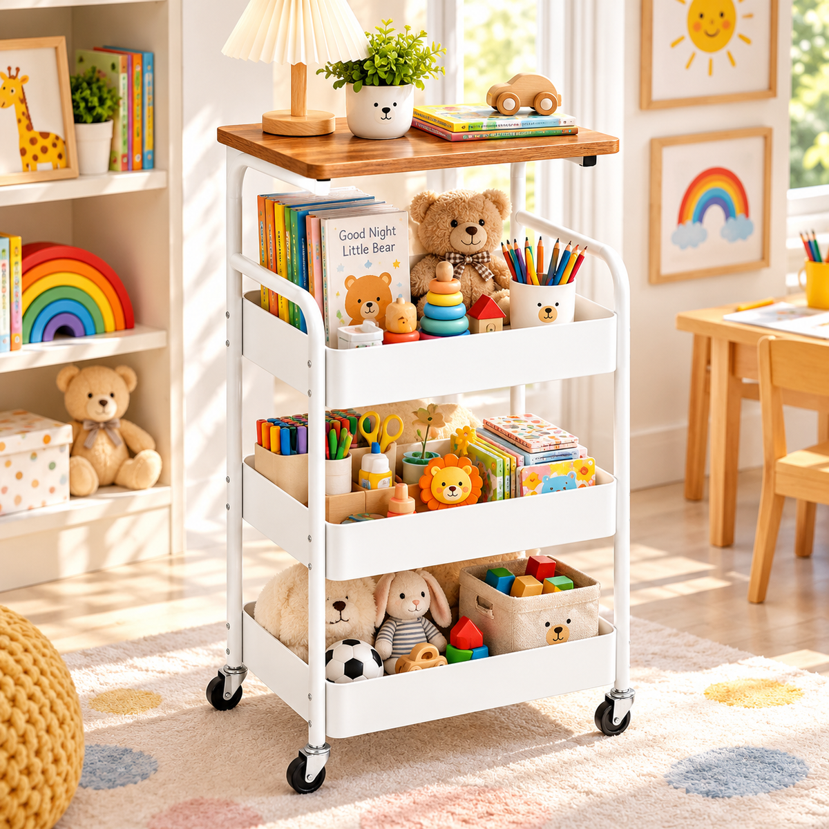 Multipurpose 4 Tier Organizer Cart with Wooden Top & Wheels – White