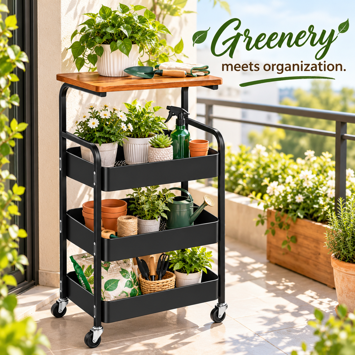4 Tier Steel Storage Trolley with Wooden Top & Wheels – Black