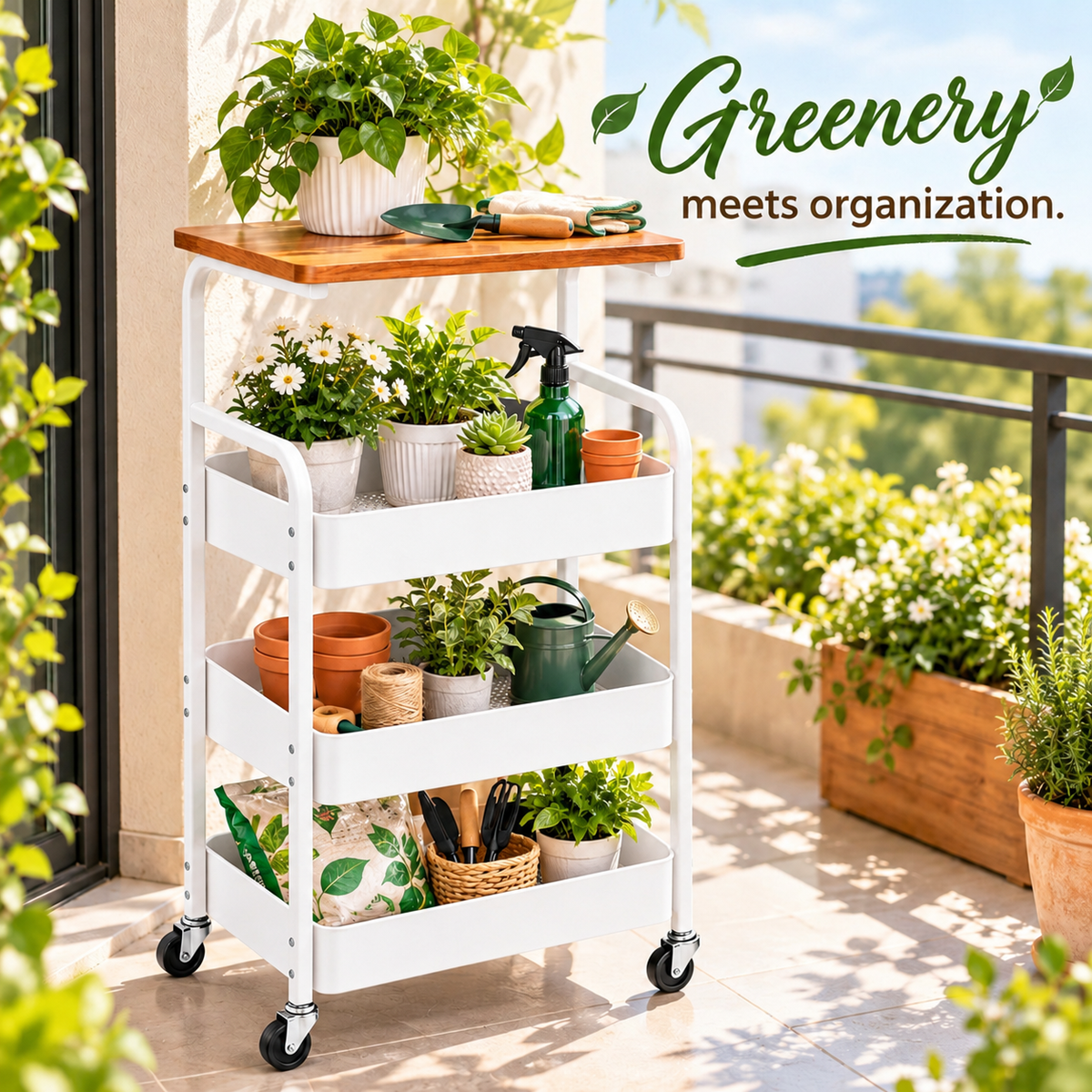 Multipurpose 4 Tier Organizer Cart with Wooden Top & Wheels – White