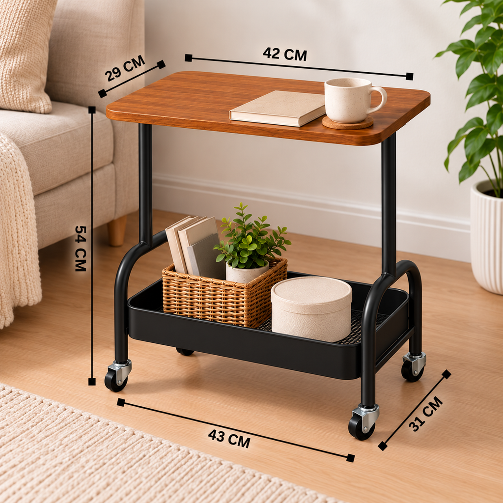 2 Tier Multipurpose Rolling Storage Cart with Wooden Top