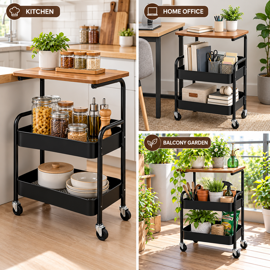3 Tier Steel Storage Trolley with Wooden Top – Black