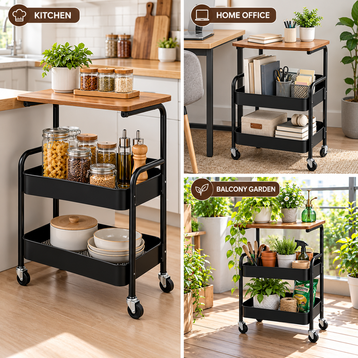 3 Tier Steel Storage Trolley with Wooden Top – Black