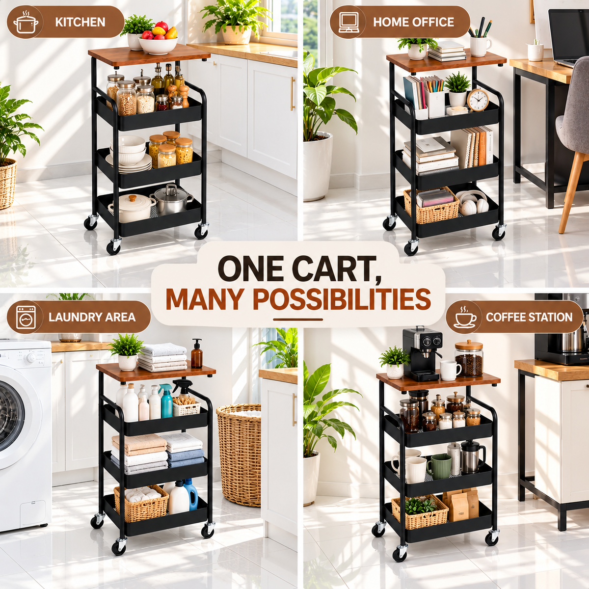 4 Tier Steel Storage Trolley with Wooden Top & Wheels – Black