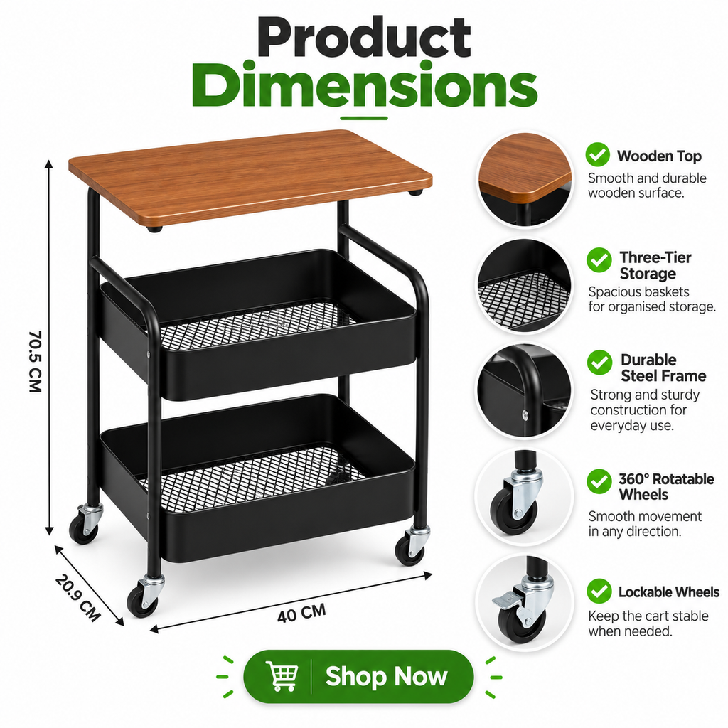3 Tier Steel Storage Trolley with Wooden Top – Black