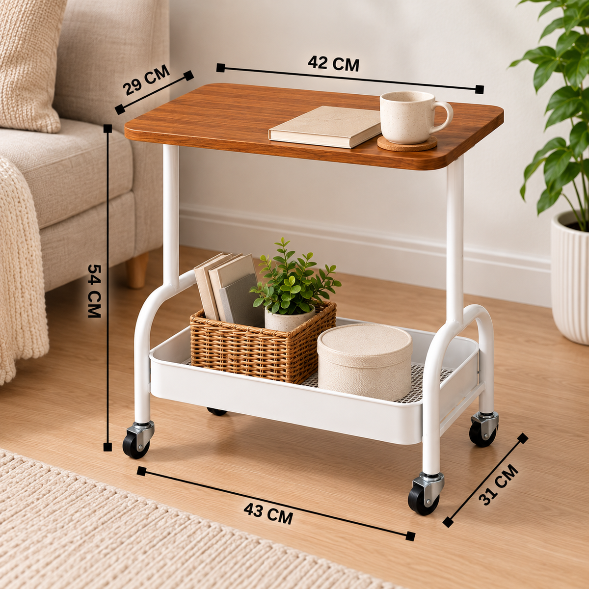 2 Tier Storage Trolley with Wooden Shelf & Wheels – White