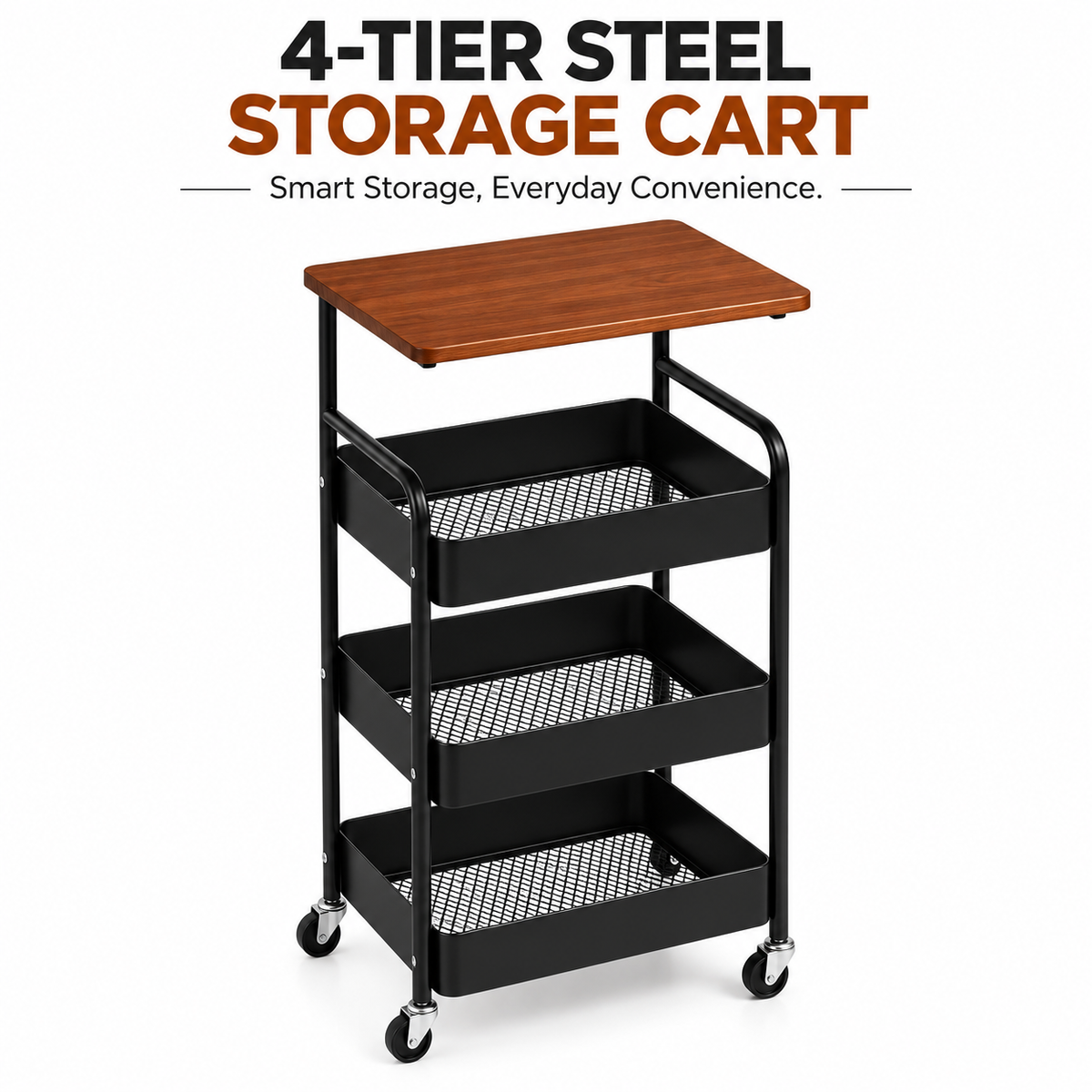 4 Tier Steel Storage Trolley with Wooden Top & Wheels – Black
