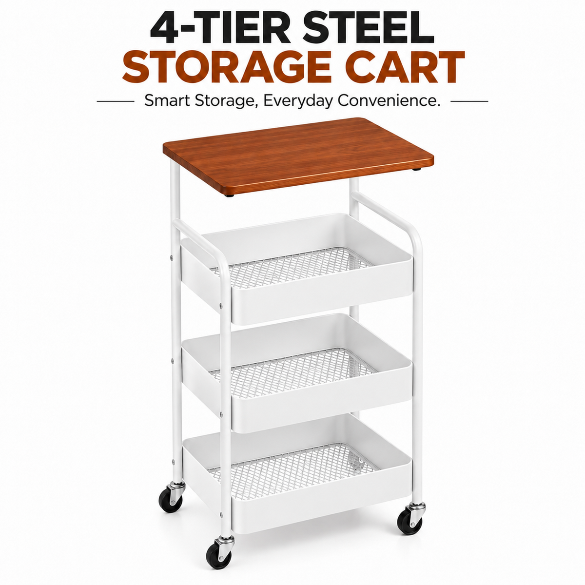 Multipurpose 4 Tier Organizer Cart with Wooden Top & Wheels – White