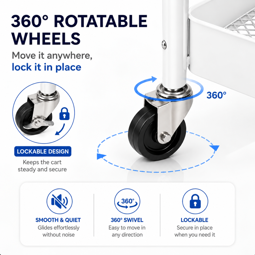 Multipurpose 4 Tier Organizer Cart with Wooden Top & Wheels – White