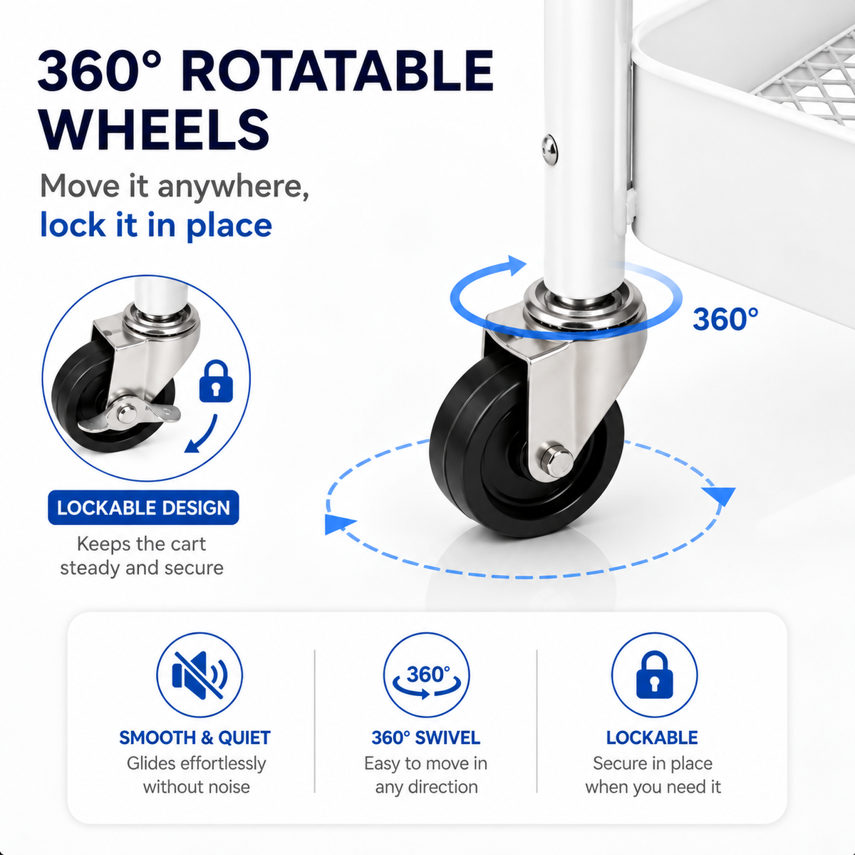 Multipurpose 4 Tier Organizer Cart with Wooden Top & Wheels – White
