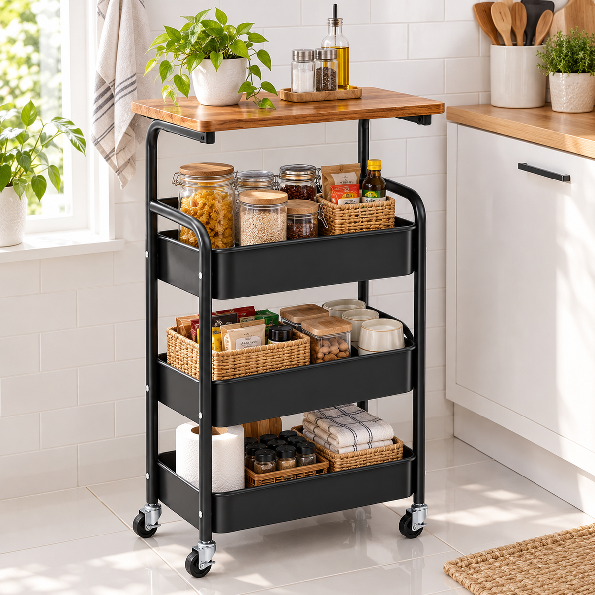 4 Tier Steel Storage Trolley with Wooden Top & Wheels – Black