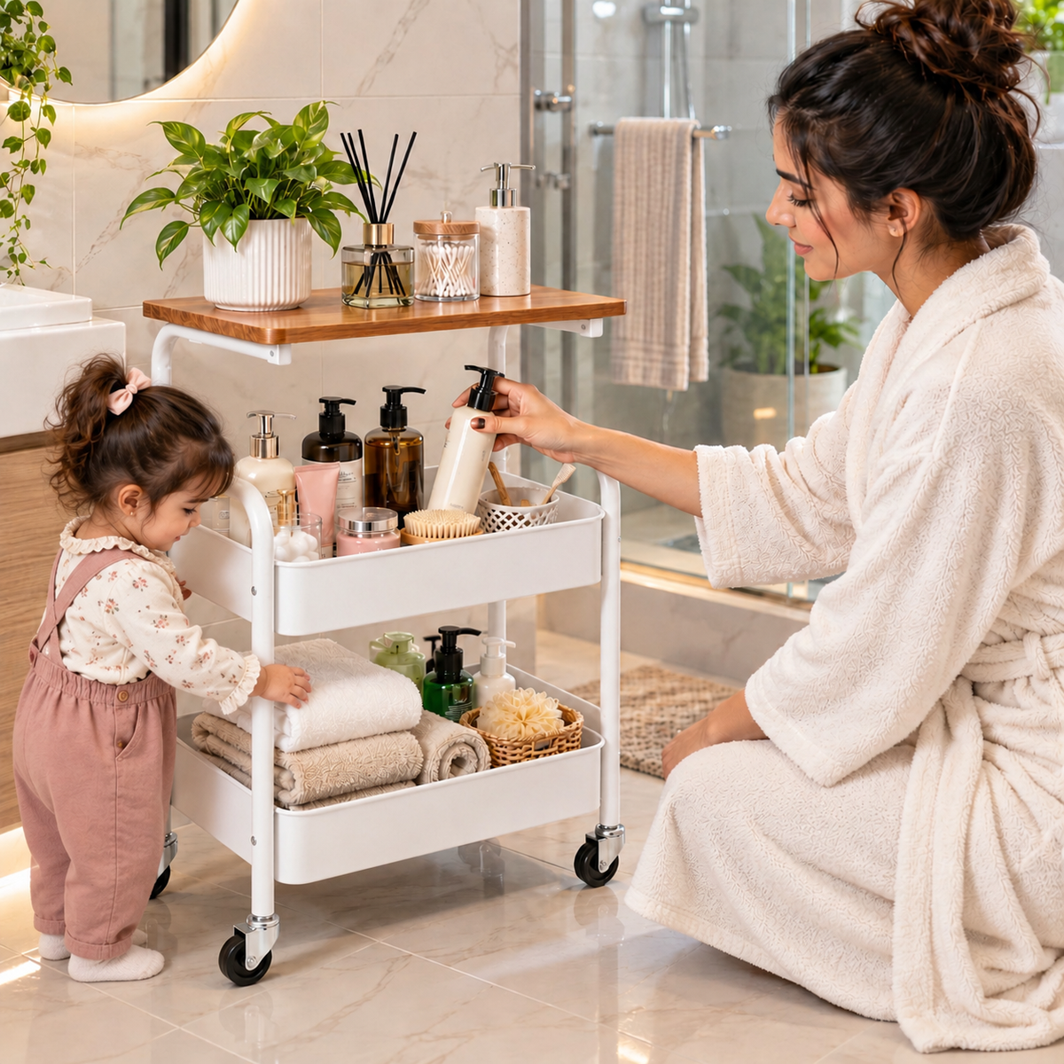 3 Tier Multipurpose Rolling Storage Cart with Wooden Top – White