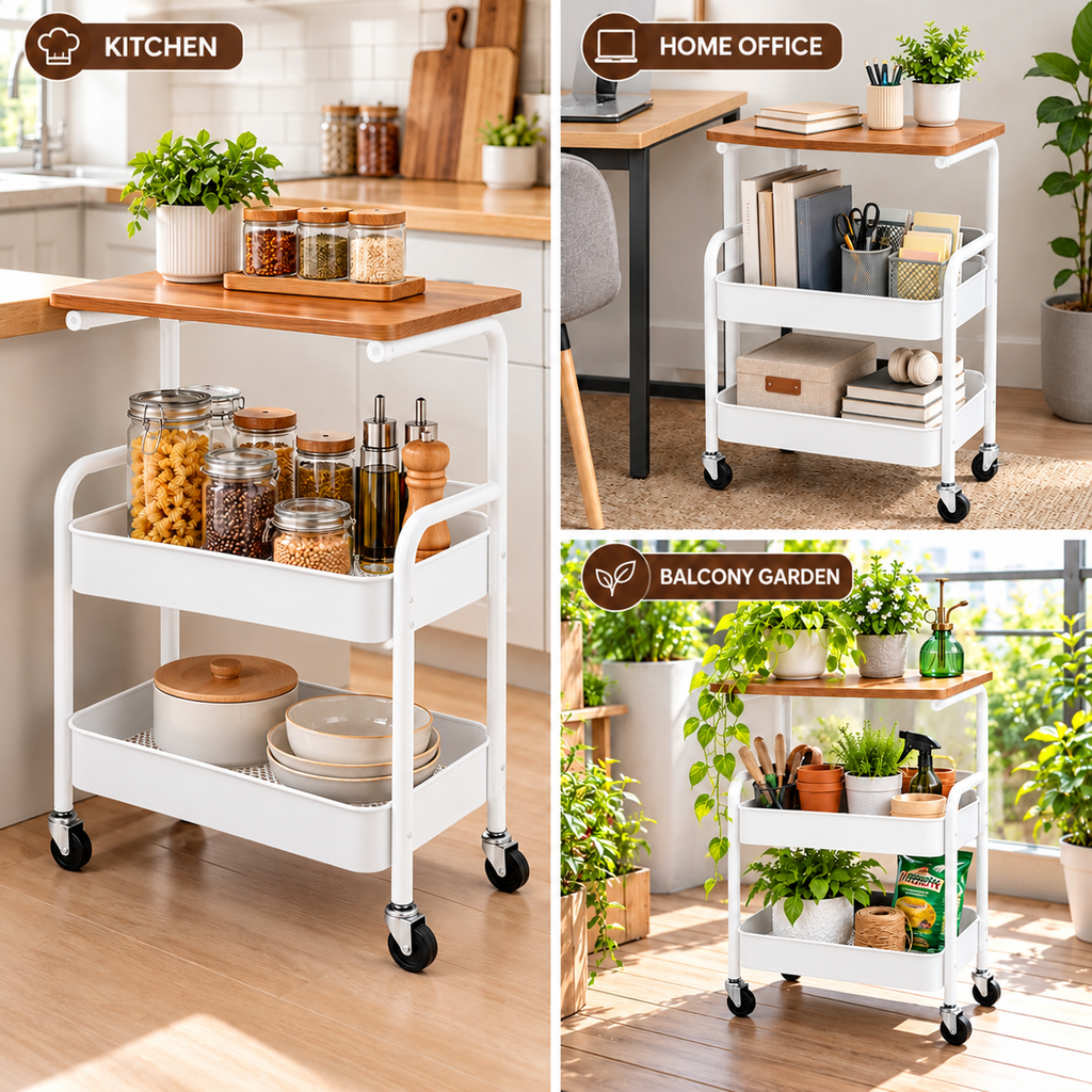 3 Tier Multipurpose Rolling Storage Cart with Wooden Top – White