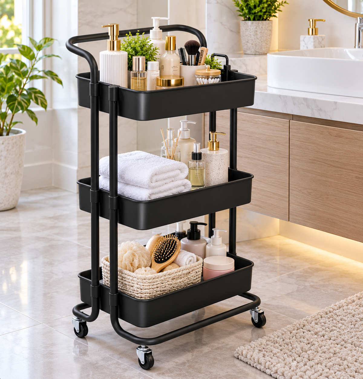 3-Tier Heavy-Duty Rolling Storage Trolley- Black