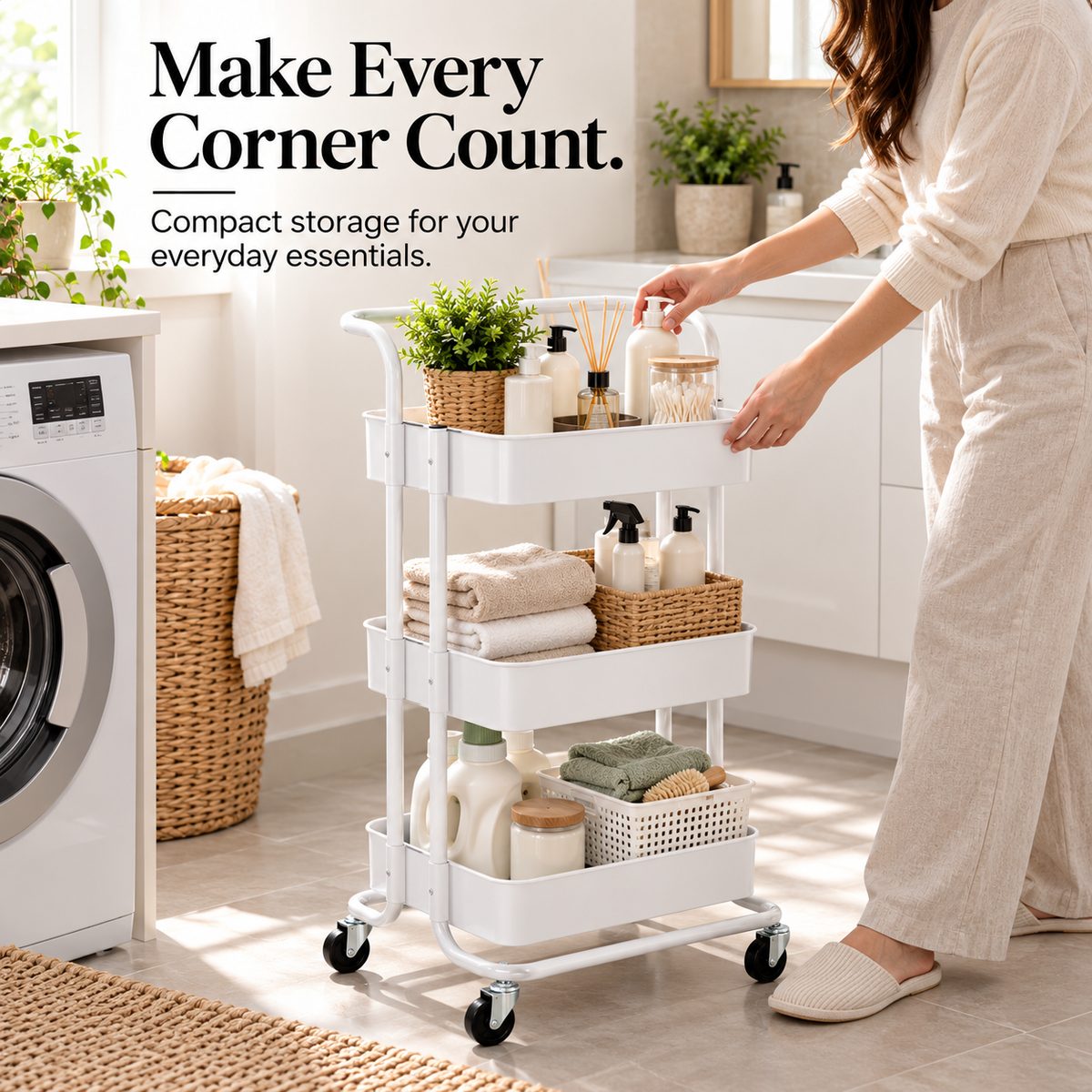 3- Tier White Multipurpose Rolling Storage Cart