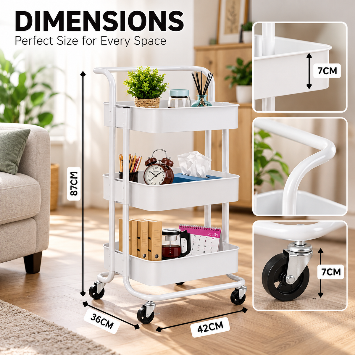 3- Tier White Multipurpose Rolling Storage Cart