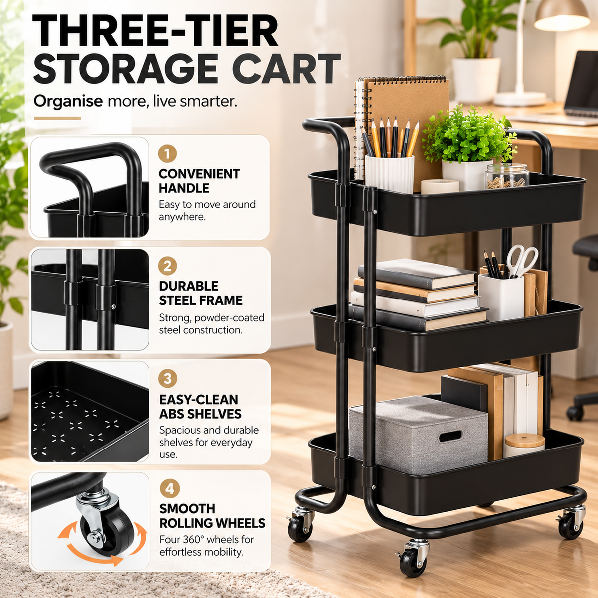 3-Tier Heavy-Duty Rolling Storage Trolley- Black