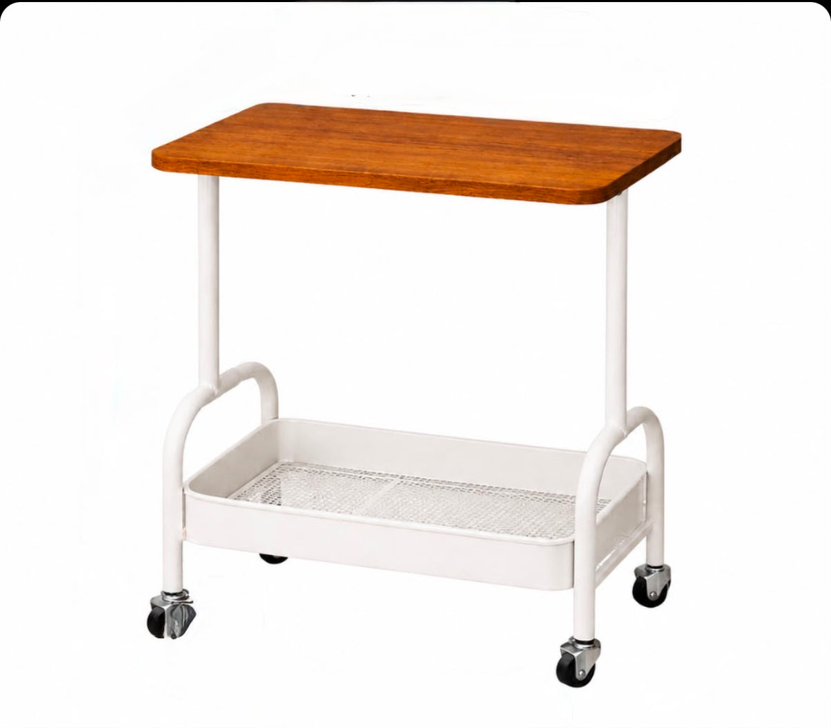 2 Tier Storage Trolley with Wooden Shelf & Wheels – White
