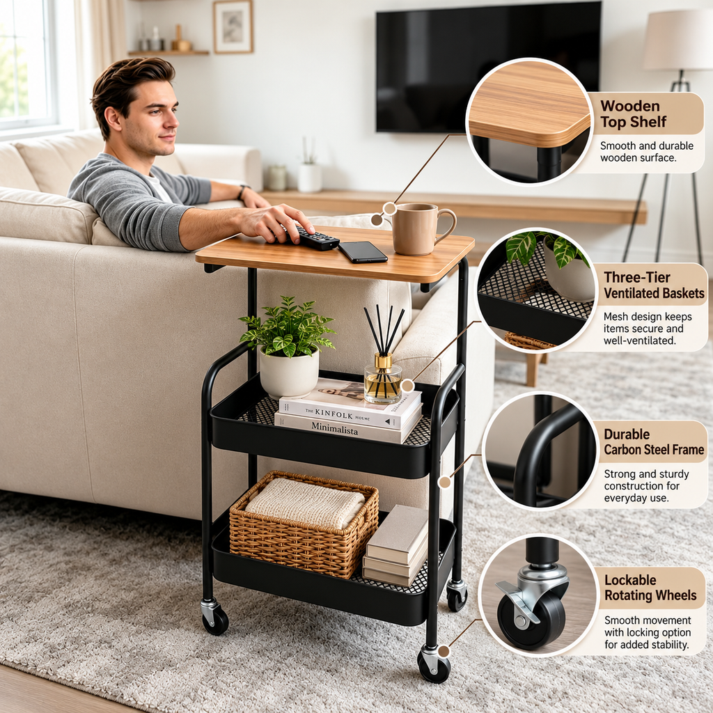 3 Tier Steel Storage Trolley with Wooden Top – Black