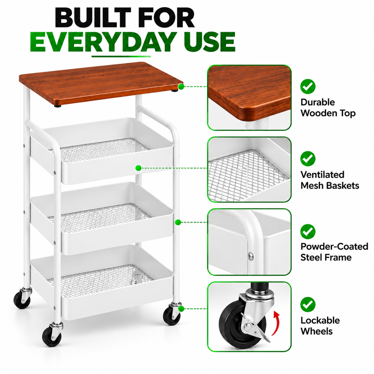 Multipurpose 4 Tier Organizer Cart with Wooden Top & Wheels – White
