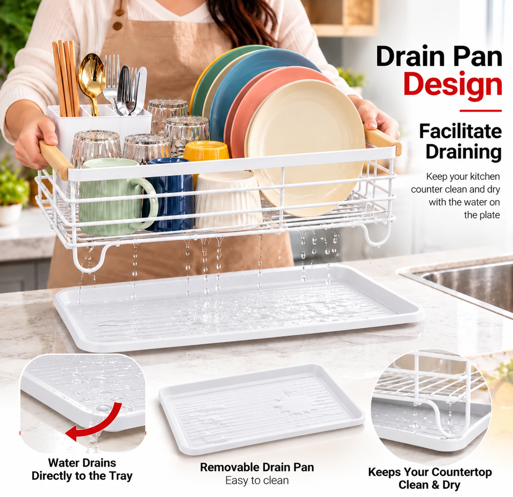 Kitchen Dish Drying Rack with Drain Tray | White