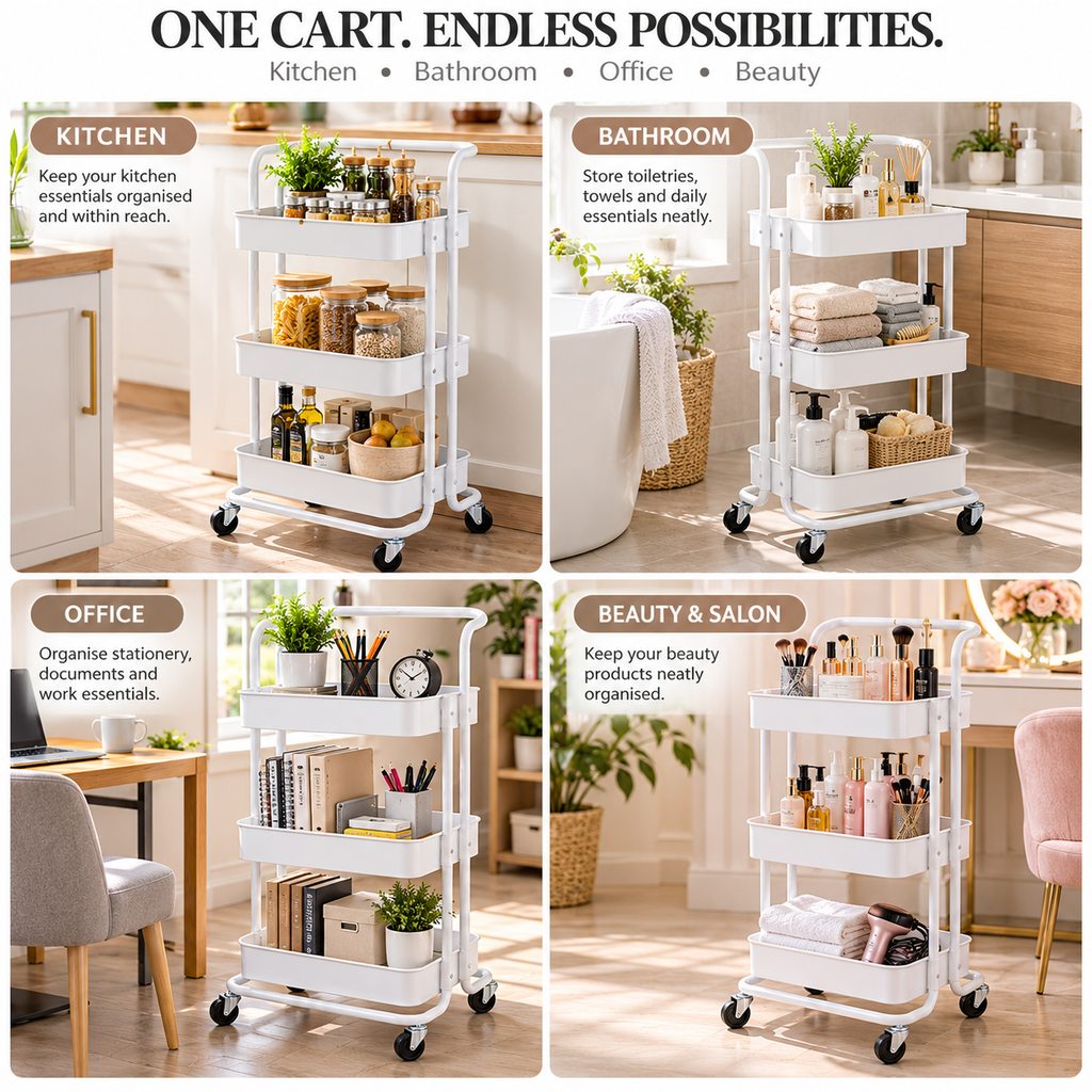 3- Tier White Multipurpose Rolling Storage Cart