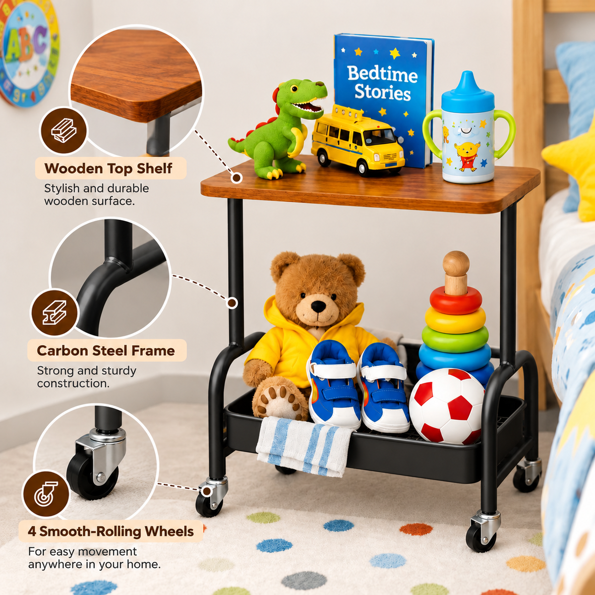 2 Tier Multipurpose Rolling Storage Cart with Wooden Top