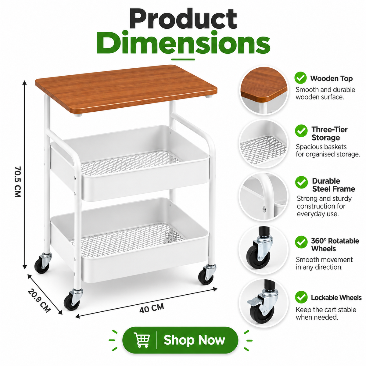 3 Tier Multipurpose Rolling Storage Cart with Wooden Top – White