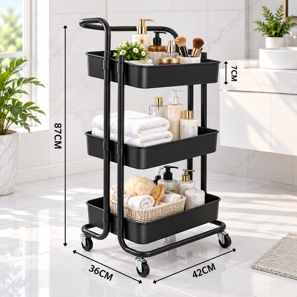 3-Tier Heavy-Duty Rolling Storage Trolley- Black