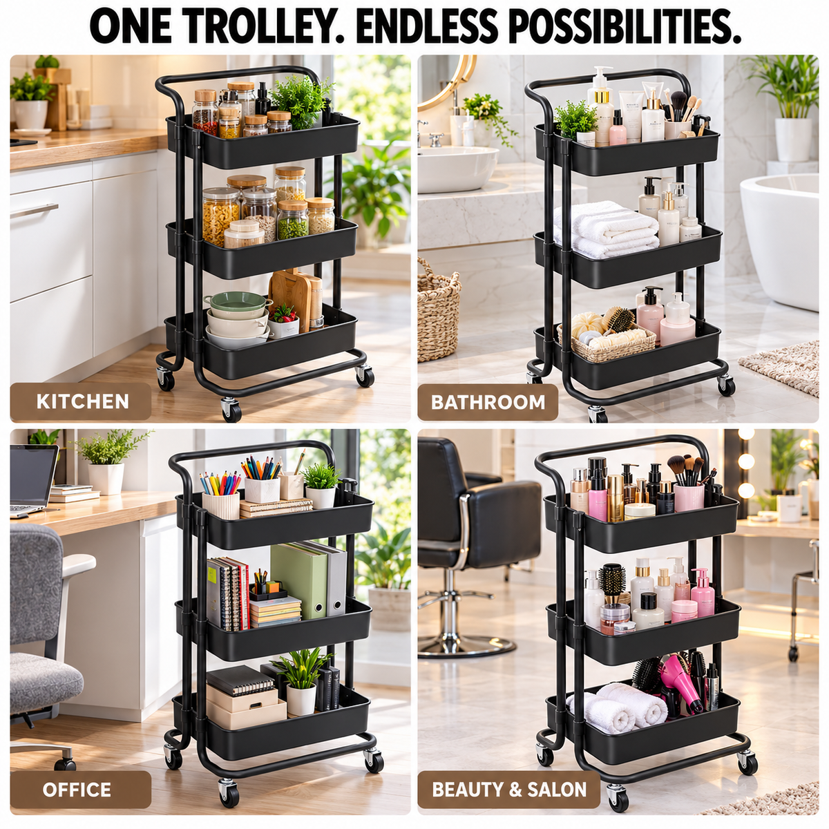 3-Tier Heavy-Duty Rolling Storage Trolley- Black
