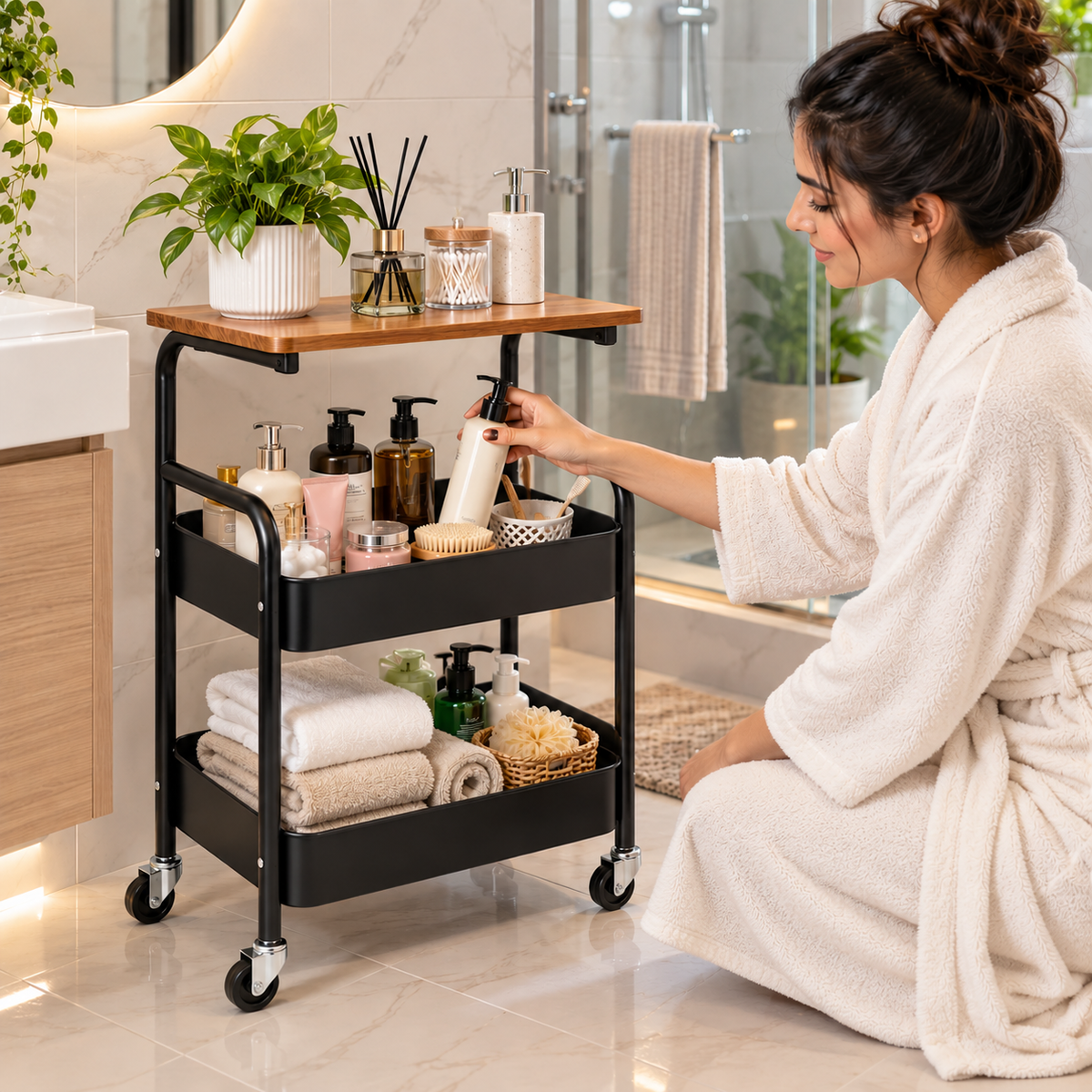 3 Tier Steel Storage Trolley with Wooden Top – Black