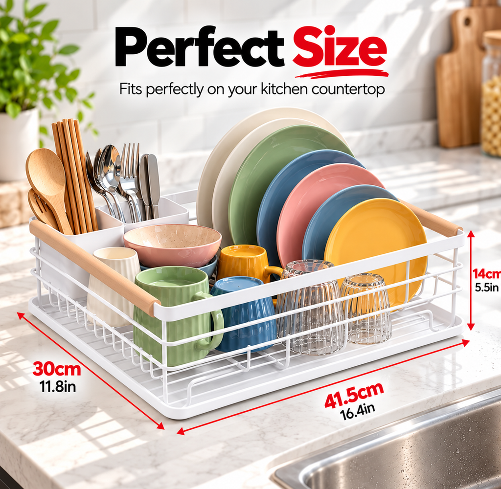 Kitchen Dish Drying Rack with Drain Tray | White