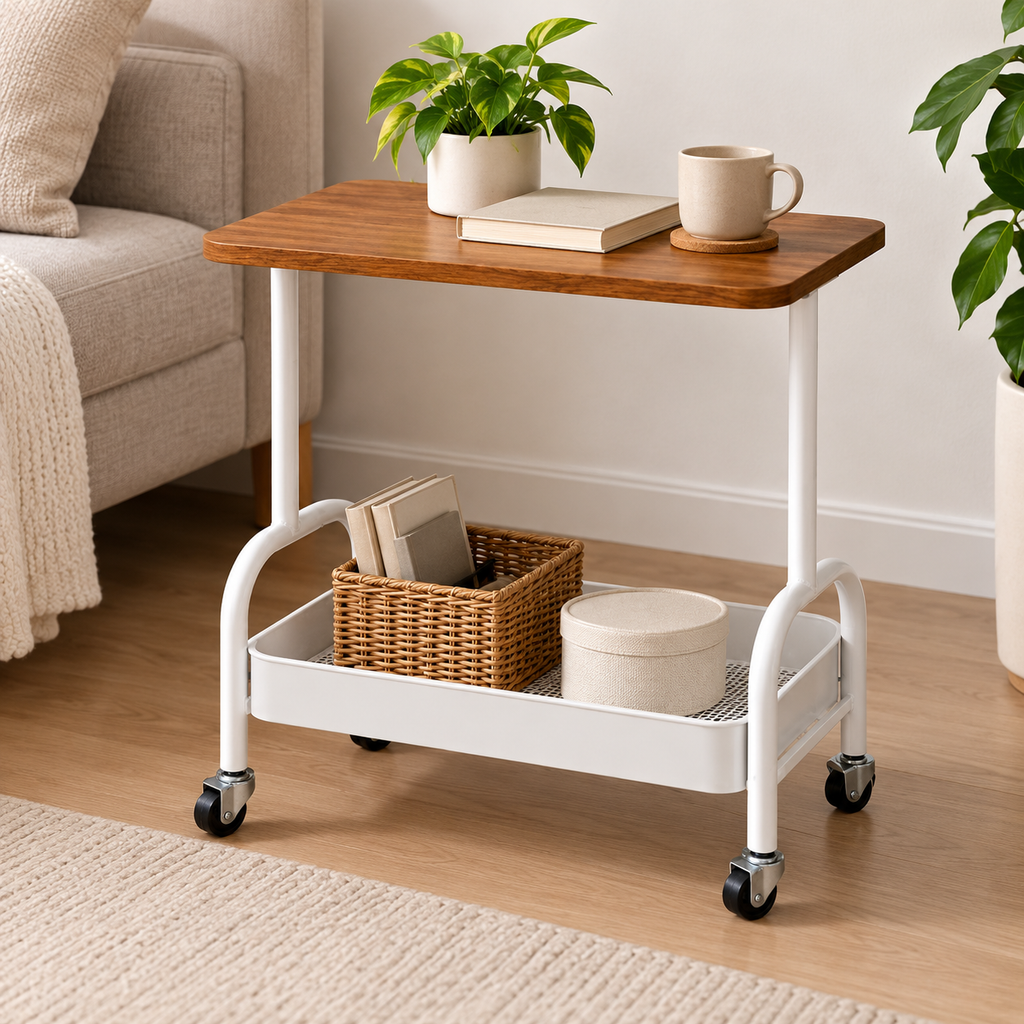 2 Tier Storage Trolley with Wooden Shelf & Wheels – White