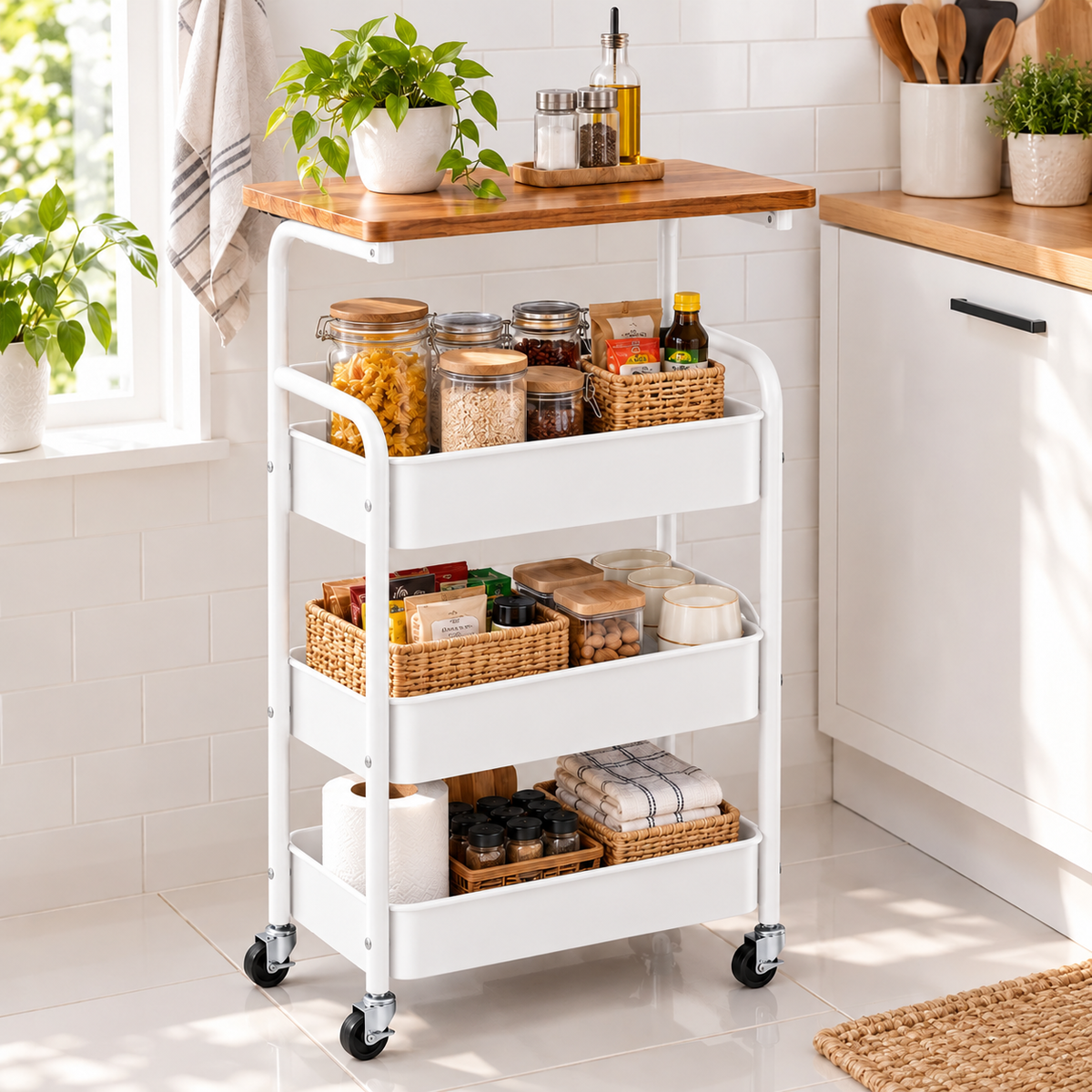 Multipurpose 4 Tier Organizer Cart with Wooden Top & Wheels – White
