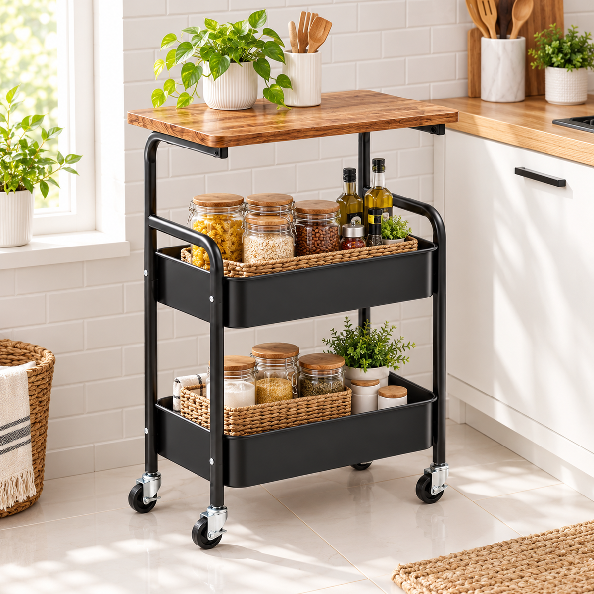 3 Tier Steel Storage Trolley with Wooden Top – Black