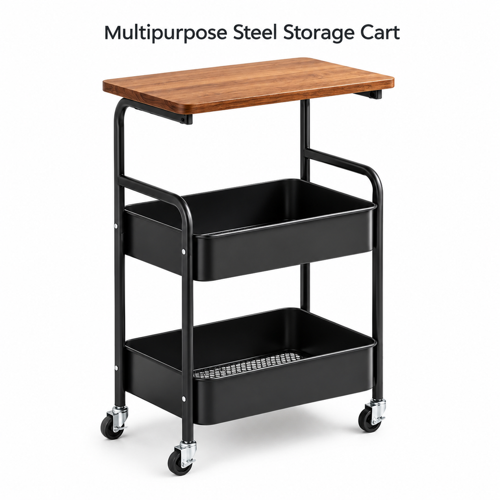 3 Tier Steel Storage Trolley with Wooden Top – Black