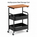 3 Tier Steel Storage Trolley with Wooden Top – Black