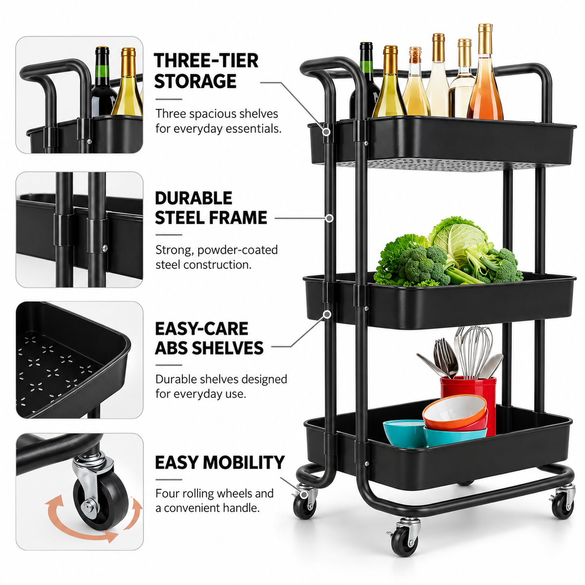 3-Tier Heavy-Duty Rolling Storage Trolley- Black