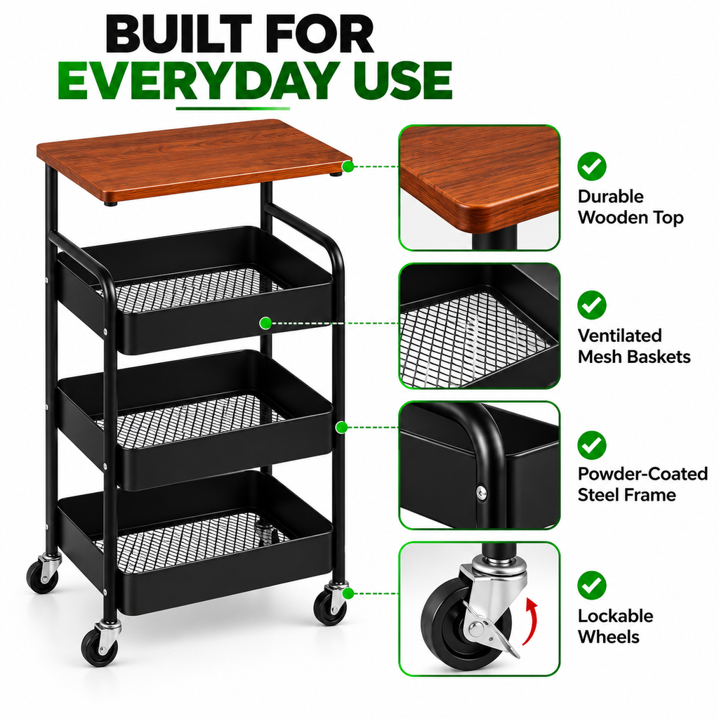 4 Tier Steel Storage Trolley with Wooden Top & Wheels – Black