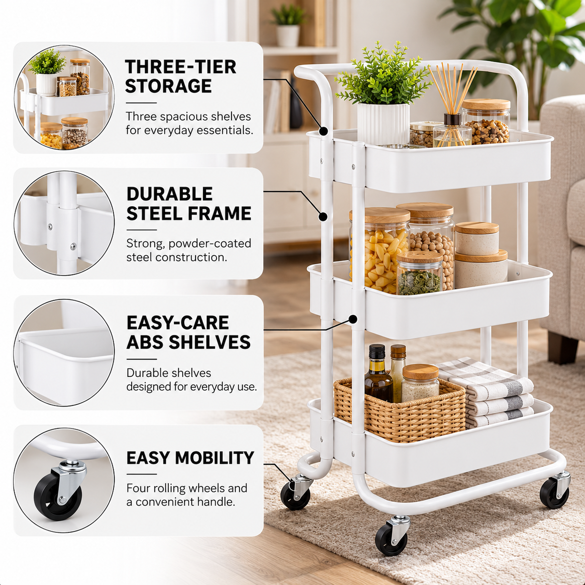 3- Tier White Multipurpose Rolling Storage Cart