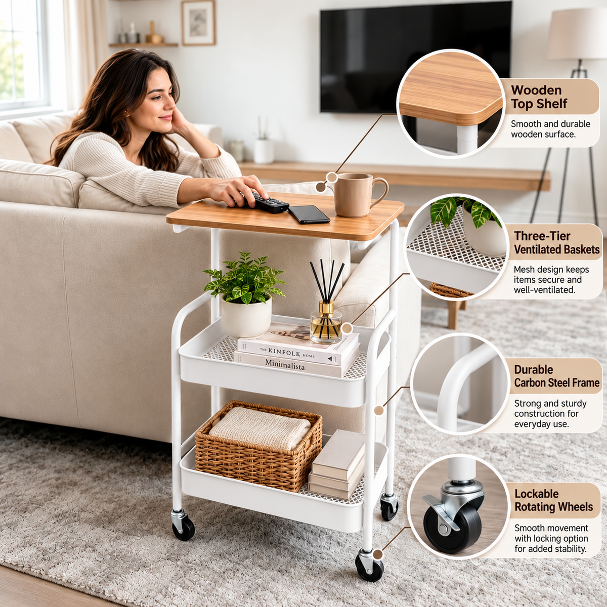 3 Tier Multipurpose Rolling Storage Cart with Wooden Top – White