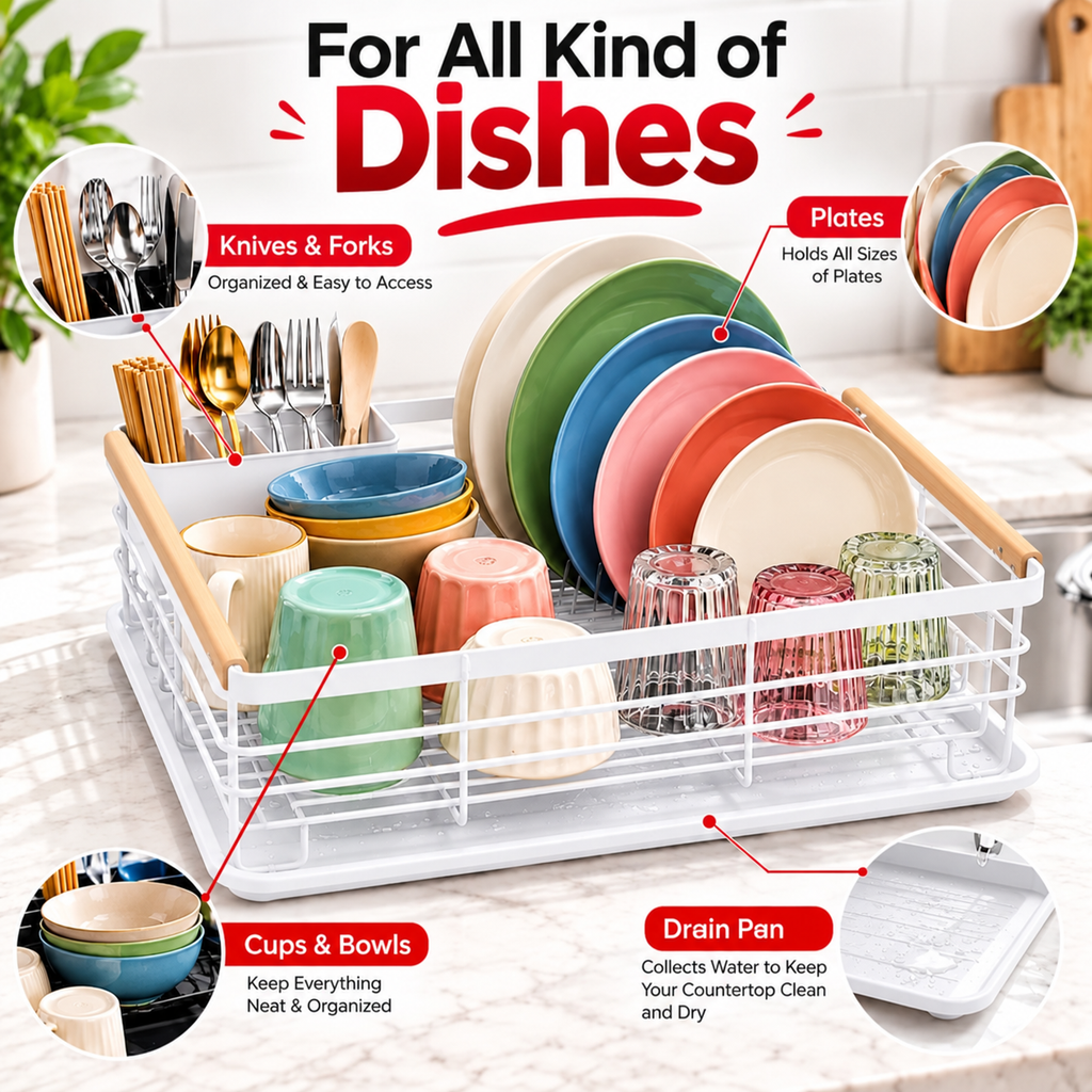 Kitchen Dish Drying Rack with Drain Tray | White