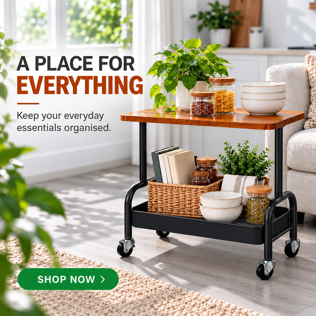 2 Tier Multipurpose Rolling Storage Cart with Wooden Top