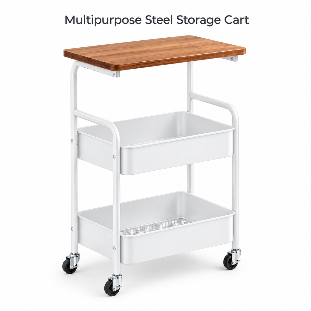 3 Tier Multipurpose Rolling Storage Cart with Wooden Top – White