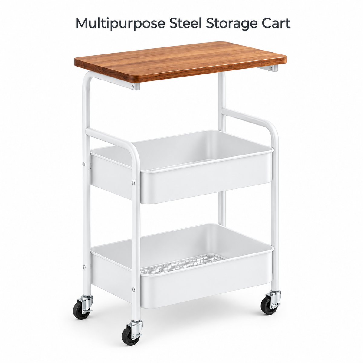 3 Tier Multipurpose Rolling Storage Cart with Wooden Top – White